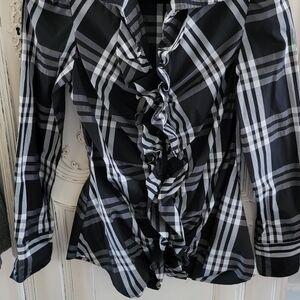 Studio Black & White Plaid Ruffle Front Button-Down Top